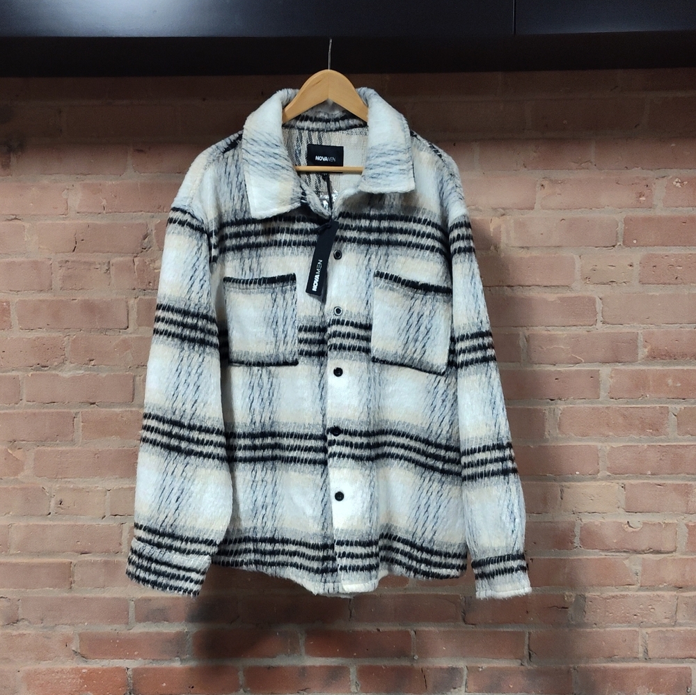 Men's Black and White Plaid Shirt Jacket